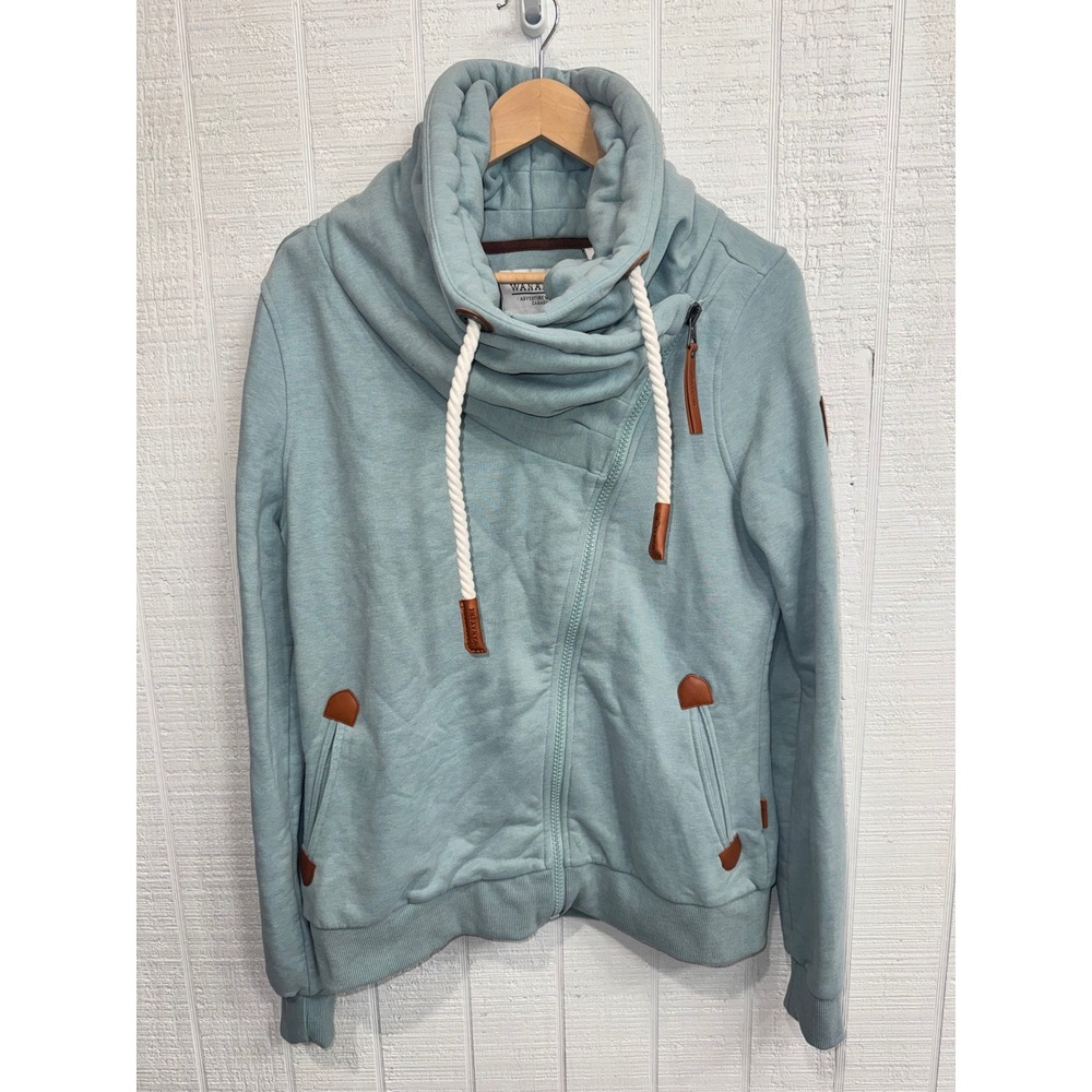 Wanakome Hestia Hoodie Women Light Teal Asymmetrical Zip Cowl Neck Size L